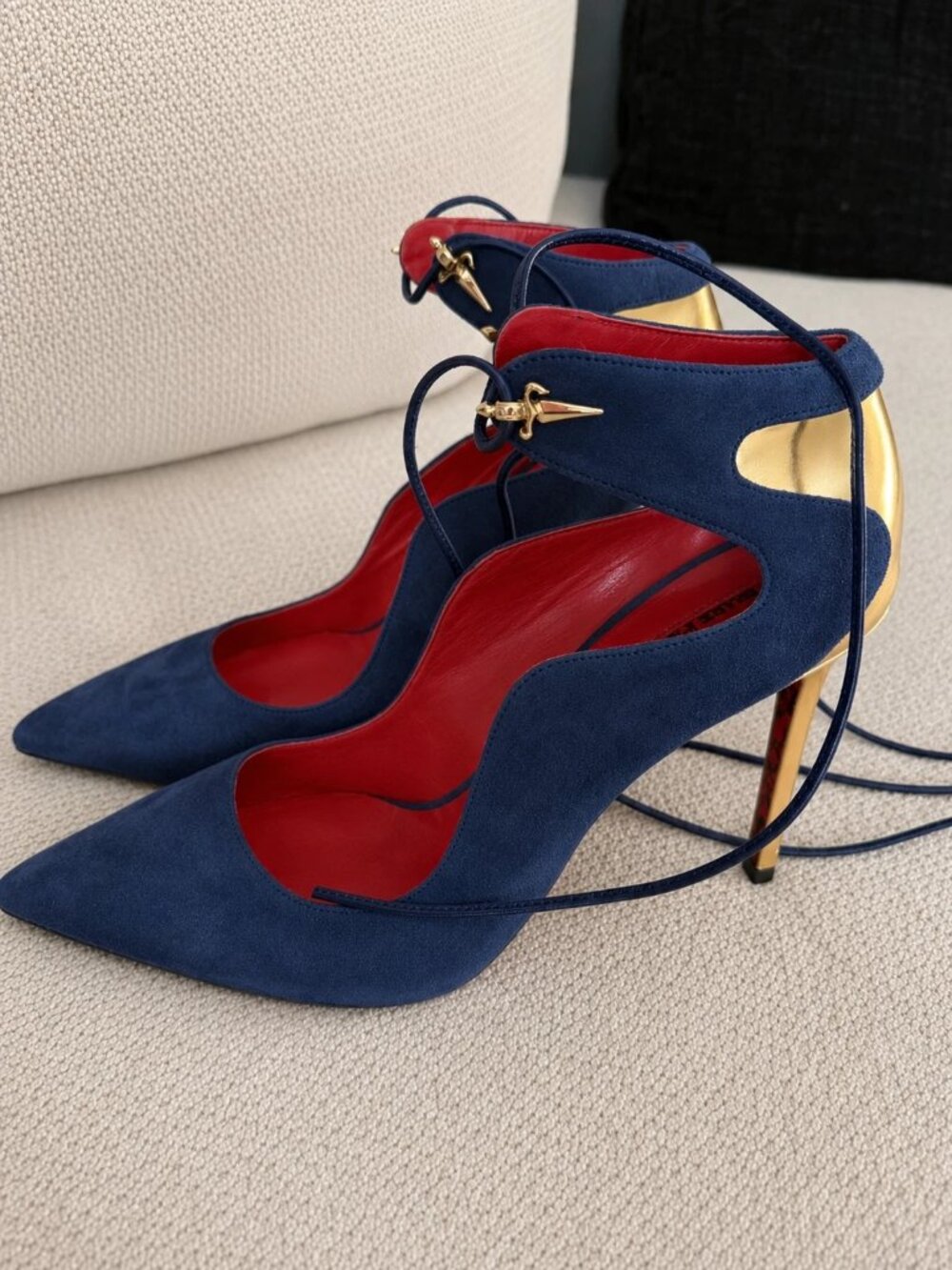 RARE Cesare Paciotti Dagger Heels Blue Suede Gold Dagger Lace Up Pumps EU40